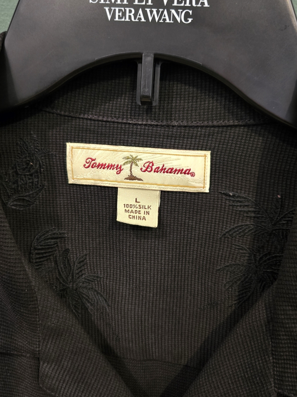 Tommy Bahama Black Silk Embroidered Palm Button-Down Shirt